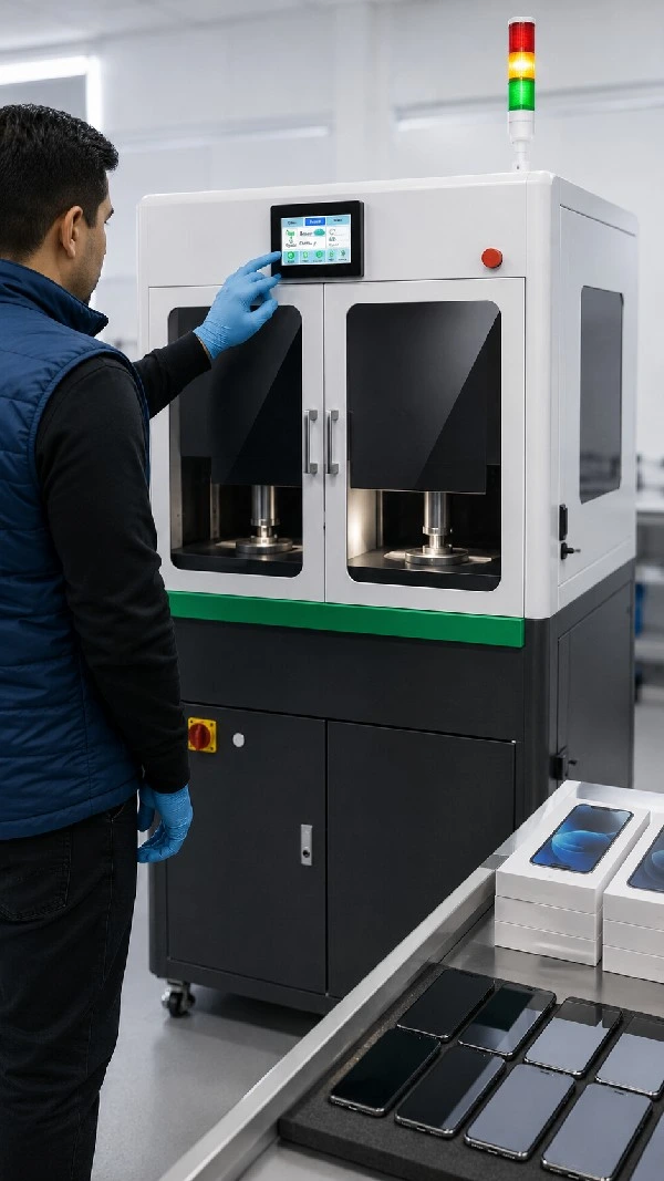Technician processing and buffing a device